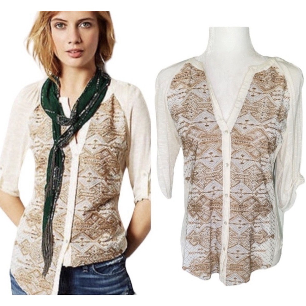 Anthropologie Tiny Silk Henley Metallic Embroidered Top M Silver Gold‎ Boho Chic